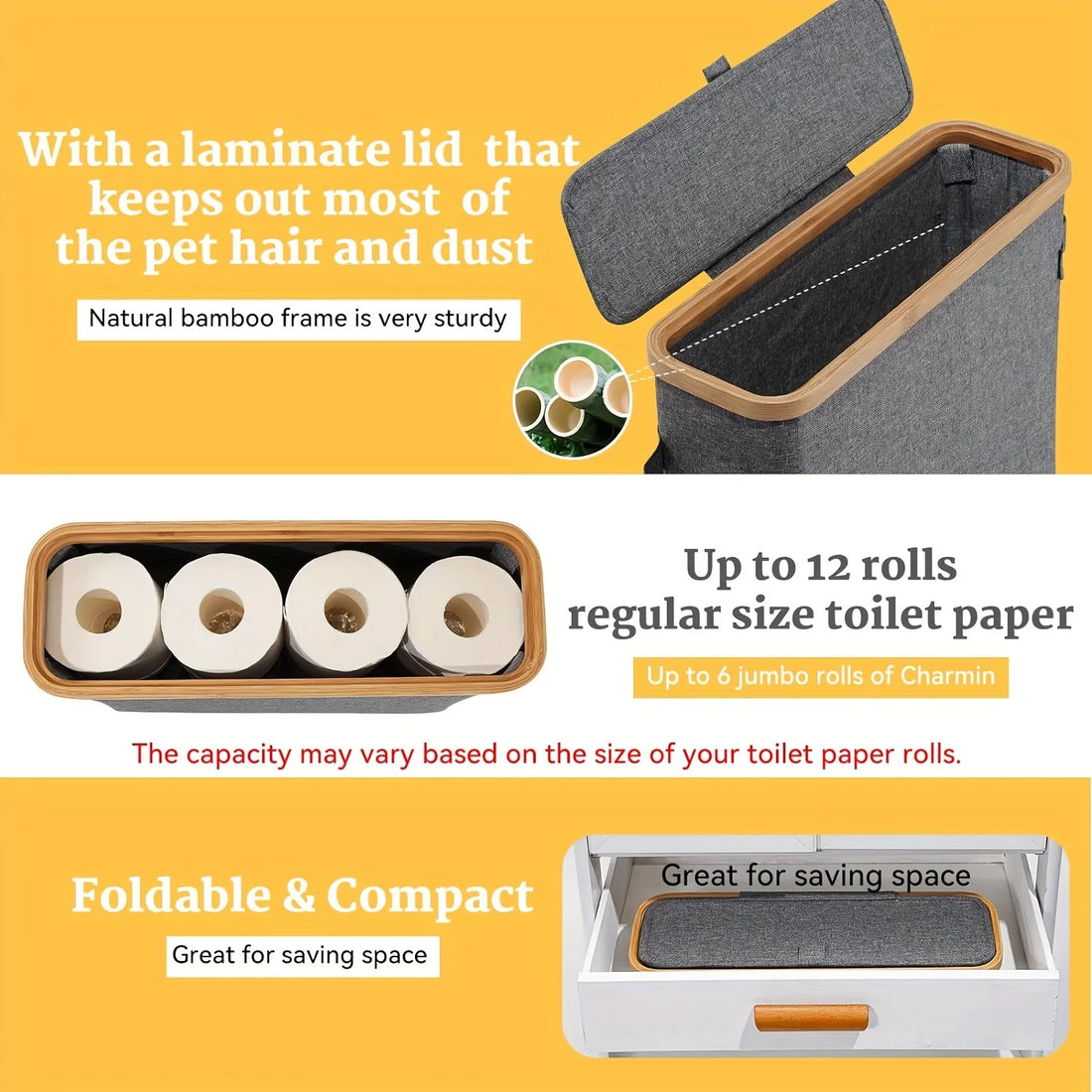 Bamboo toilet paper holder with lid - Self-contained bathroom organizer