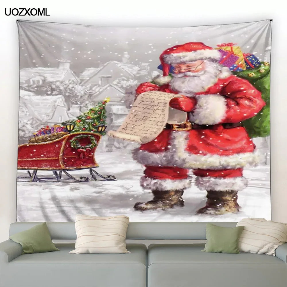 Christmas Tapestry Santa Clause Gifts Winter Castle Snow Landscape Oil