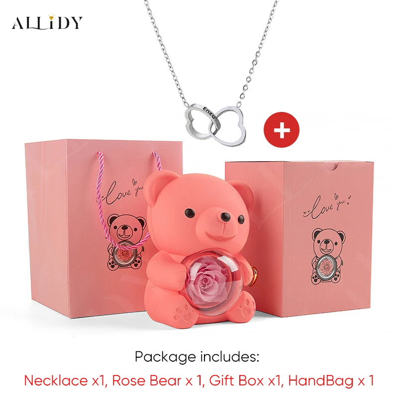 2025 Hot Eternal Rose Teddy Bear Gift Box with Custom Necklace Jewelry Set