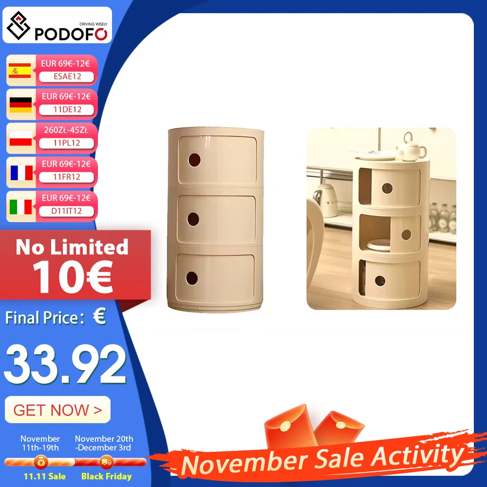 Podofo Round Bedside Cabinet Table