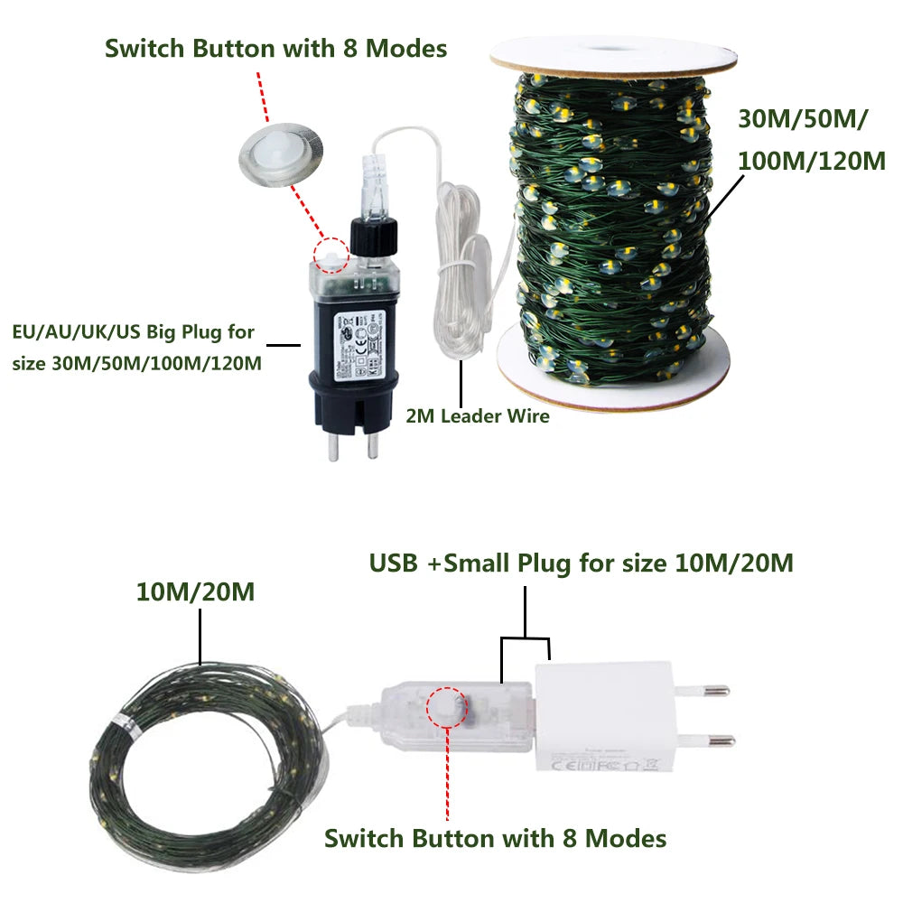 100M 200M LED String Lights Green Wire Fairy Lights